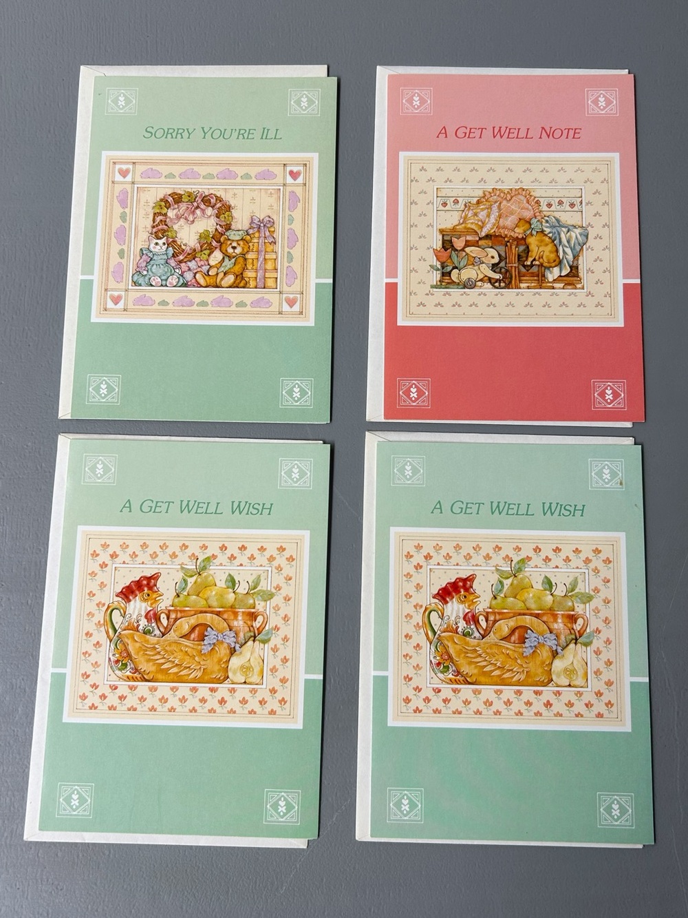 Vintage 1980s Folk Art Get Well Cards Lot of 4 Chicken Rooster Teddy Bear Countr